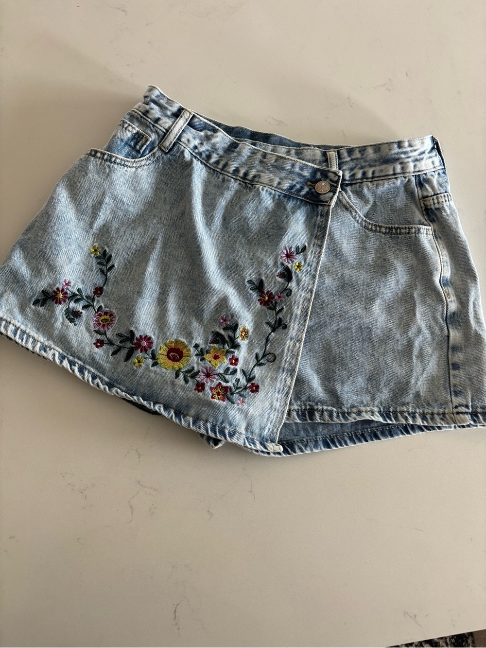 Light Wash Denim Skort with Embroidered Floral Detail